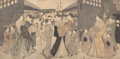 Oiran i pomocnicy przy O Mon lub Wielkiej Bramie Yoshiwara, ca. 1794. autorstwa Hosoda Eishi