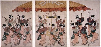 Taniec Sumiyoshi, tryptyk, ok. 1791 (kolorowy drzeworyt) autorstwa Hosoda Eishi