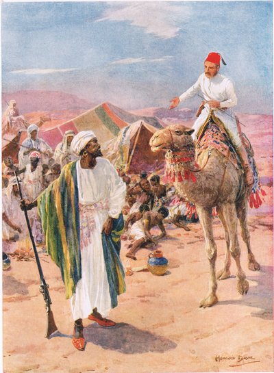 „Sam i nieuzbrojony Gordon wjechał do obozu łowców niewolników”, ilustracja z „Brave Deeds By Brave Men” C. Sheridana Jonesa, wyd. 1922 (lito) autorstwa Howard Davie
