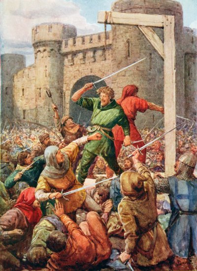 Tyłem do siebie stała nieustraszona dwójka, ilustracja z „Robin Hood and his Life in the Merry Greenwood”, opowiedziana przez Rose Yeatman Woolf, opublikowana przez Raphaela Tucka autorstwa Howard Davie