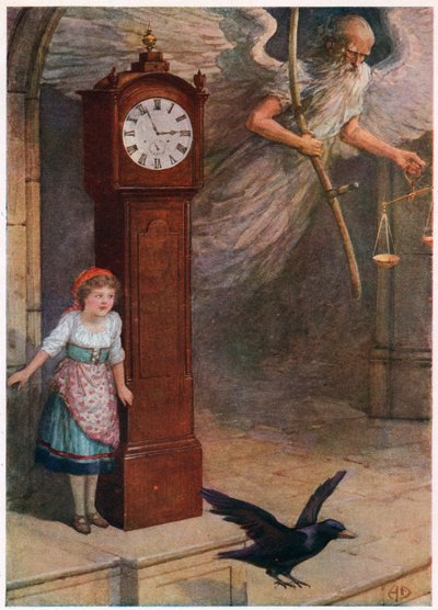 „Father time went flying out.”, z włoskich bajek, autorstwa Lilia E. Romano, opublikowanych przez Raphael Tuck & Sons (kolor litho) autorstwa Howard Davie