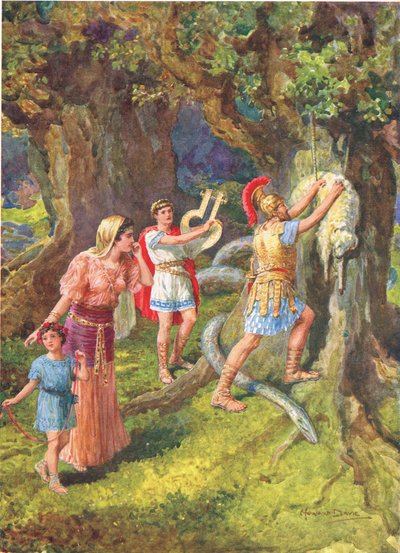 „Jason oderwał runo z pnia drzewa”, ilustracja do „Jak Argonauci przypłynęli do Kolchidy”, z książki „Bohaterowie greckich bajek” Charlesa Kingsleya (1819-75) (kolor litho) autorstwa Howard Davie