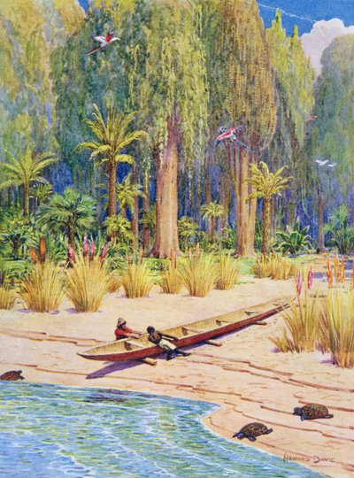 Wodowanie kajaka, ilustracja do „Robinson Crusoe” Daniela Defoe (1660-1731) (kolor lito) autorstwa Howard Davie