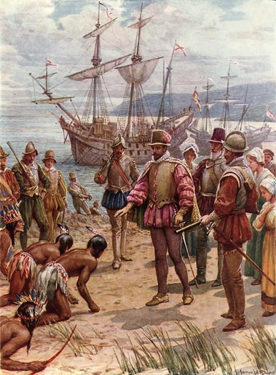 Sir Walter Raleigh ląduje w Wirginii (kolor lito) autorstwa Howard Davie
