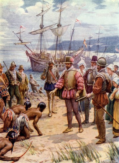 Sir Walter Raleigh, lądowanie w Wirginii (kolor lito) autorstwa Howard Davie