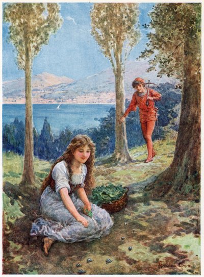 „Nagle zatrzymał się i patrzył w zachwycie”, z włoskich bajek, autorstwa Lilia E. Romano, wyd. Raphael Tuck & Sons (kolor lito) autorstwa Howard Davie