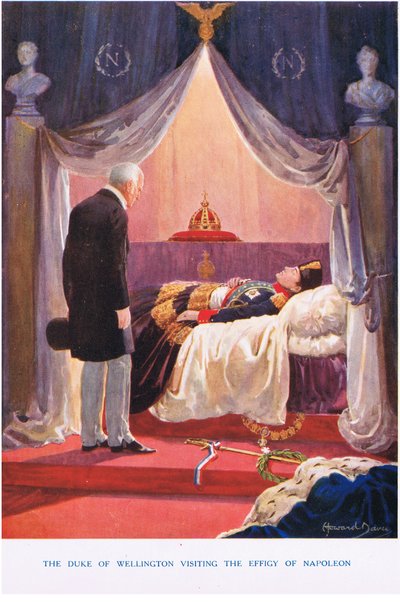 Książę Wellington odwiedza wizerunek Napoleona, ilustracja z „Madame Tussauds” (kolor lito) autorstwa Howard Davie
