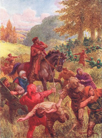 The Rescue of Sir Richard of the Lea, ilustracja z „Robin Hood and his Life in the Merry Greenwood”, opowiedziana przez Rose Yeatman Woolf, opublikowana przez Raphaela Tucka autorstwa Howard Davie