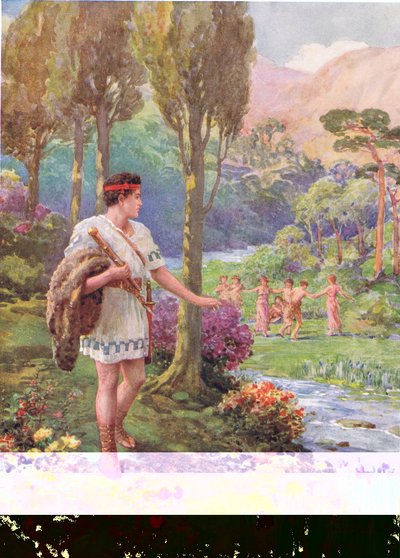 „W cieniu skał i drzew tańczyły nimfy i pasterze”, ilustracja do „Jak Tezeusz zabił pożeraczy ludzi”, z książki „Bohaterowie greckich baśni” Charlesa Kingsleya (1819-75) (kolor lito) autorstwa Howard Davie