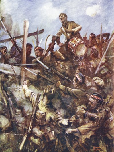 Perkusista Walter Ritchie stojący na balustradzie wroga, by ogłosić szarżę, pod ostrzałem ciężkich karabinów maszynowych i atakami bombowymi, Beaumont Hamel, Francja, 1 lipca 1916 autorstwa Howard K. Elcock