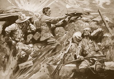 Szeregowy Cooke nadal strzela ze swojego karabinu maszynowego po tym, jak każdy członek zespołu strzeleckiego został zabity lub ranny autorstwa Howard K. Elcock