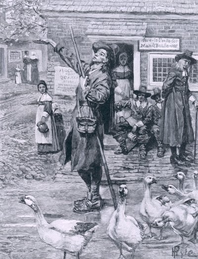Quaker Exhorter w Nowej Anglii, ilustracja z „Drugiego pokolenia Anglików w Ameryce” Thomasa Wentwortha Higginsona, wyd. w Magazynie Harpera, 1883 autorstwa Howard Pyle