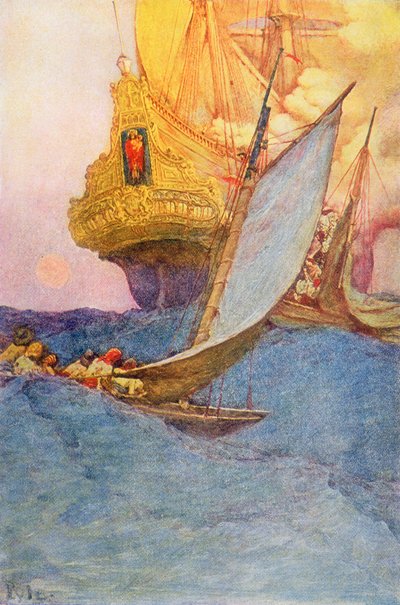 Atak na galeon, początek XX wieku (ilustracja książkowa) autorstwa Howard Pyle