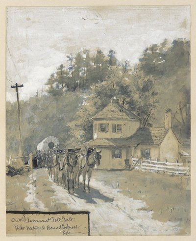 Stara rządowa bramka poboru opłat z ekspresem jadącym na zachód, rysunek ilustracji do artykułu „The Old National Pike” autorstwa Williama Henry