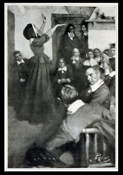 Anne Hutchinson nauczanie w swoim domu w Bostonie, 1637, ilustracja z „Kolonie i naród” Woodrowa Wilsona, wyd. w Magazynie Harpera, 1901 autorstwa Howard Pyle