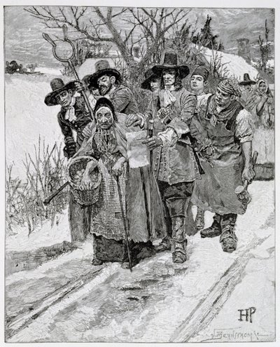 Aresztowanie czarownicy, grawerowane przez J. Bernstroma, ilustracja z „Drugiego pokolenia Anglików w Ameryce” Thomasa Wentwortha Higginsona, wyd. w Magazynie Harpera, 1883 autorstwa Howard Pyle