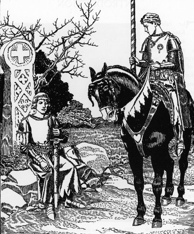 Legenda arturiańska: Galahad spotyka Melyasa de Lyle Ilustracja autorstwa Howarda Pyle
