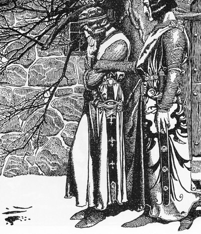 Lenda Arturiana: O Cavaleiro Kay (Keu) e Perceval (Sir Kay e Sir Percival) Ilustração de Howard Pyle (1853-1911) de “The Story of the Champions of the Round Table”” 1905 Private Collectionpolonês autorstwa Howard Pyle
