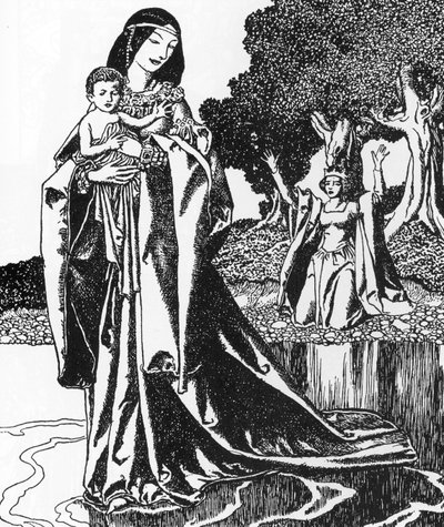 Legenda arturiańska: la dame du Lac ableve Lancelot enfant (Lancelot zostaje porwany przez Panią Jeziora) Ilustracja: Howard Pyle (1853-1911) z „Opowieść o mistrzach okrągłego stołu”” 1903 Zbiory prywatne autorstwa Howard Pyle