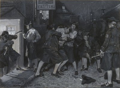 Pod szyldem Gryfa, rysunek ilustracji do artykułu „Dawne nowojorskie kawiarnie” autorstwa Johna Austina Stevensa autorstwa Howard Pyle