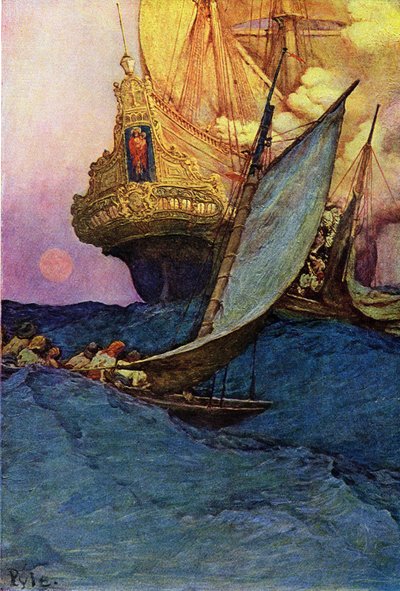 Atakowanie galeonu przez piratów. „”Księga piratów Buccaneers and Marooners of the Spanish Main” Howarda Pyle