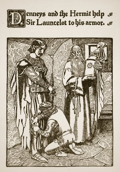 Denneys i pustelnik pomagają Sir Launcelotowi zdobyć zbroję, ilustracja z „Historii Sir Launcelota i jego towarzyszy”, 1907 autorstwa Howard Pyle
