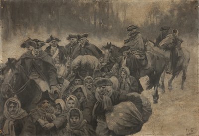 Pięciu konnych żołnierzy w czerwonych płaszczach i jeszcze jeden w pelerynie na oczach... Wokół nich pstrokata zbieranina biedaków, młodych i starych. autorstwa Howard Pyle