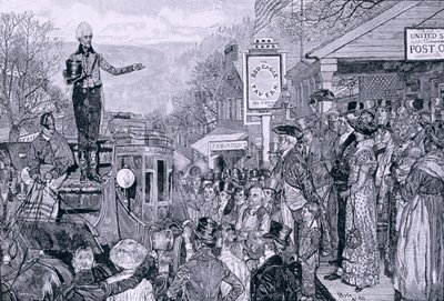 „Generał Jackson, prezydent elekt, w drodze do Waszyngtonu”, ilustracja z „Postępu prezydenckiego”, wyd. w Tygodniku Harpera, 1881 autorstwa Howard Pyle