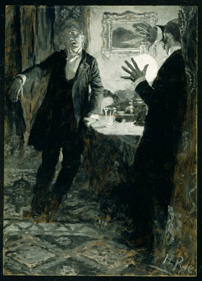 Przyłożył szklankę do ust i wypił jednym łykiem od „Dr. Jekyll and Mr. Hyde” Roberta Louisa Stevensona (1850-94), wydanie amerykańskie, wyd. 1895 (olej na płótnie) autorstwa Howard Pyle