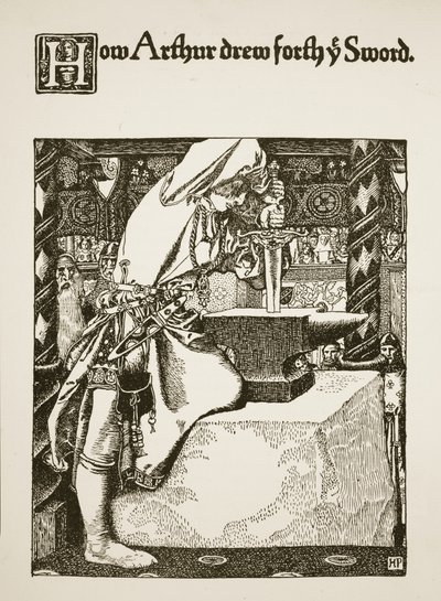 Jak Artur wyciągnął miecz, ilustracja z „Historii króla Artura i jego rycerzy”, 1903 autorstwa Howard Pyle
