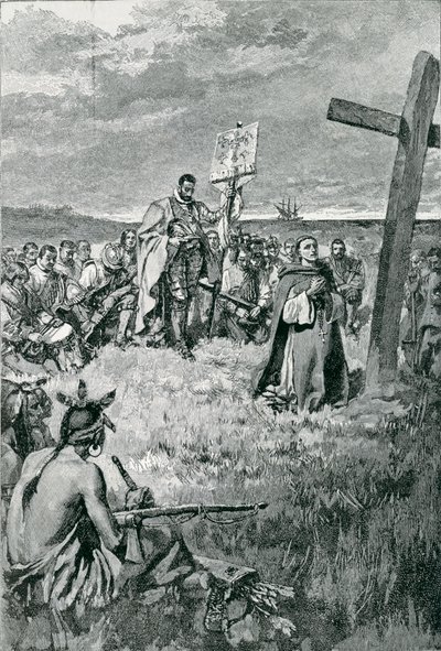Jacques Cartier (1491-1557) Założenie krzyża w Gaspe, ilustracja z „The French Voyageurs” Thomasa Wentwortha Higginsona, wyd. w Magazynie Harpera, 1883 autorstwa Howard Pyle