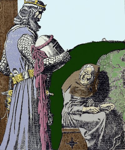 Król Artur (Artus) i wiedźma. Ilustracja Howarda Pyle