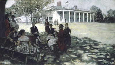 Martha i George Washington zabawiają swoich przyjaciół na trawniku Mount Vernon, 1898 (olej i grisaille na płótnie) autorstwa Howard Pyle