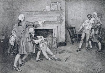 Spotkanie kapitana Tollemache i kapitana Penningtona w „The City Arms”, ilustracja z „Old New York Taverns” Johna Austina Stevensa, wyd. w Magazynie Harpera, 1890 autorstwa Howard Pyle