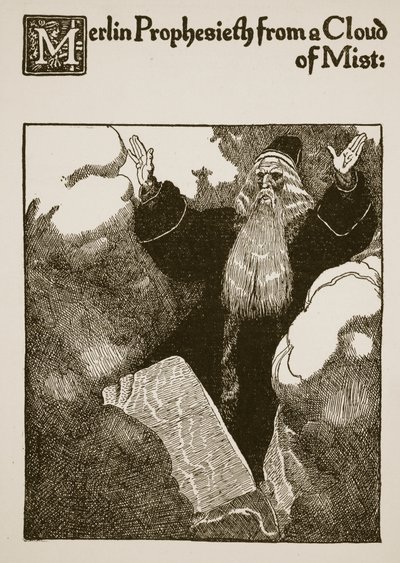 Merlin prorokuje z obłoku mgły, ilustracja z 