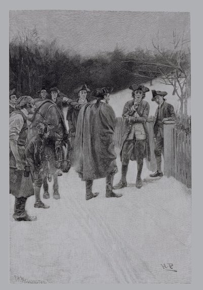 Paul Revere Bringing News to Sullivan, grawerowane przez F.H. Wellingtona, ilustracja z „The Gunpowder for Bunker Hill” Ballarda Smitha, wyd. w Magazynie Harpera, 1886 autorstwa Howard Pyle