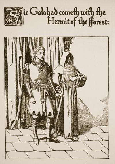 Sir Galahad przybywa z Pustelnikiem Lasu, ilustracja z „Historii o Graalu i odejściu Artura”, ok. 1910 autorstwa Howard Pyle