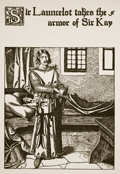 Sir Launcelot bierze zbroję Sir Kaya, ilustrację z „Historii mistrzów Okrągłego Stołu” autorstwa Howard Pyle