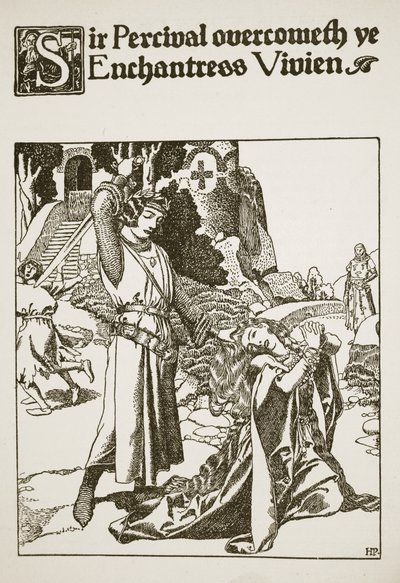 Sir Percival pokonuje zaklinaczkę Vivien, ilustracja z "Opowieści o mistrzach Okrągłego Stołu". autorstwa Howard Pyle