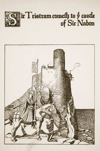 Sir Tristram przybywa do zamku Sir Nabona, ilustracja z "Opowieści o Mistrzach Okrągłego Stołu". autorstwa Howard Pyle