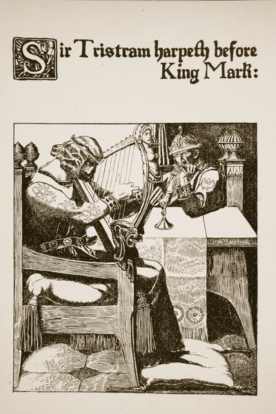 Harfa Sir Tristrama przed Królem Markiem, ilustracja z „Historii mistrzów Okrągłego Stołu” autorstwa Howard Pyle