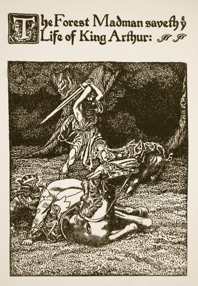 Leśny szaleniec ratuje życie króla Artura, ilustracja z "Opowieści o sir Launcelocie i jego towarzyszach autorstwa Howard Pyle