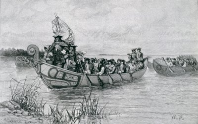 Lądowanie Cadillaca, ilustracja z „Miasta cieśniny” Edmunda Kirke, wyd. w Magazynie Harpera, 1886 autorstwa Howard Pyle