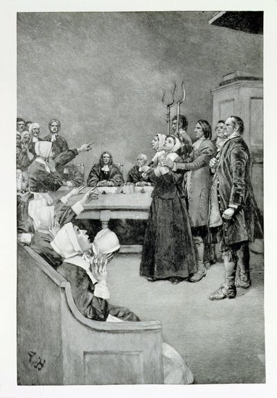 Proces czarownicy, ilustracja z „Giles Corey, Yeoman” Mary E. Wilkins, wyd. w Magazynie Harpera, 1892 autorstwa Howard Pyle