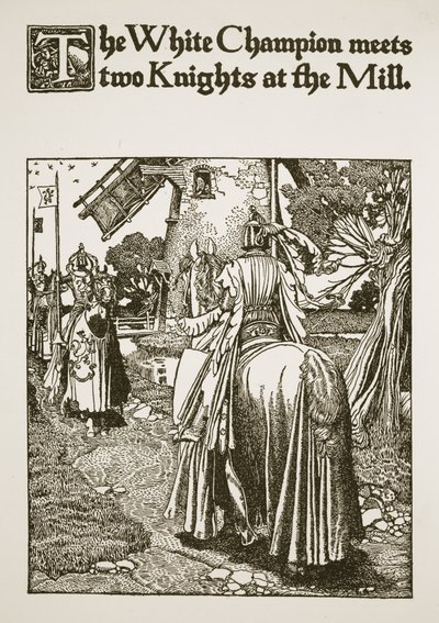 Biały mistrz spotyka dwóch rycerzy w młynie, ilustracja z „Historii króla Artura i jego rycerzy”, 1903 autorstwa Howard Pyle