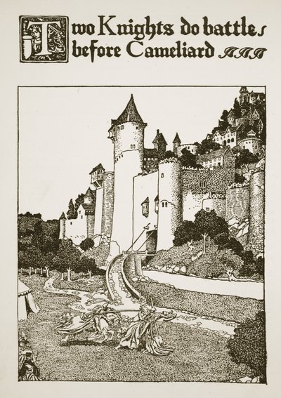 Dwaj rycerze walczą przed Cameliardem, ilustracja z „Historii króla Artura i jego rycerzy”, 1903 autorstwa Howard Pyle