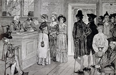 Kobiety w sondażach w New Jersey, ilustracja z „Kobiety w sondażach w New Jersey w starych dobrych czasach”, wyd. w „Tygodniku Harpera”, 1880 autorstwa Howard Pyle