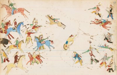 Bitwa między plemionami Wron i Czejenów, 1874-75 (pióro, tusz i wc na papierze firmowym) autorstwa Howling Wolf