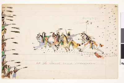 W masakrze w Sand Creek, 1874-75 (pióro, atrament i toaleta na papierze księgowym) autorstwa Howling Wolf