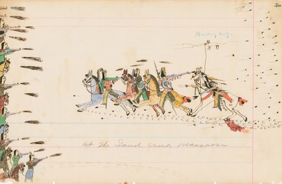 W masakrze w Sand Creek, 1874-75 (pióro, atrament i toaleta na papierze księgowym) autorstwa Howling Wolf